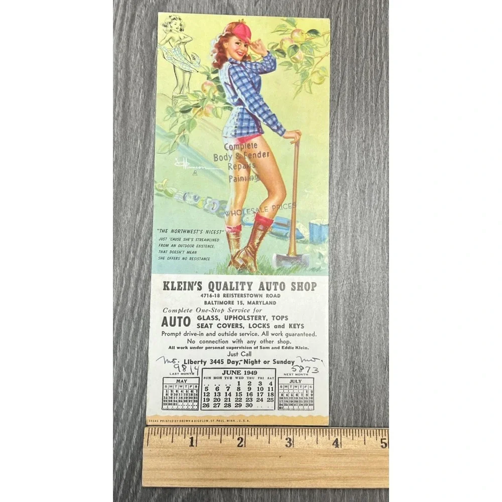 Vintage 1949 Brown & Bigelow Pin Up Ad Card Klein's Auto Shop Baltimore MD